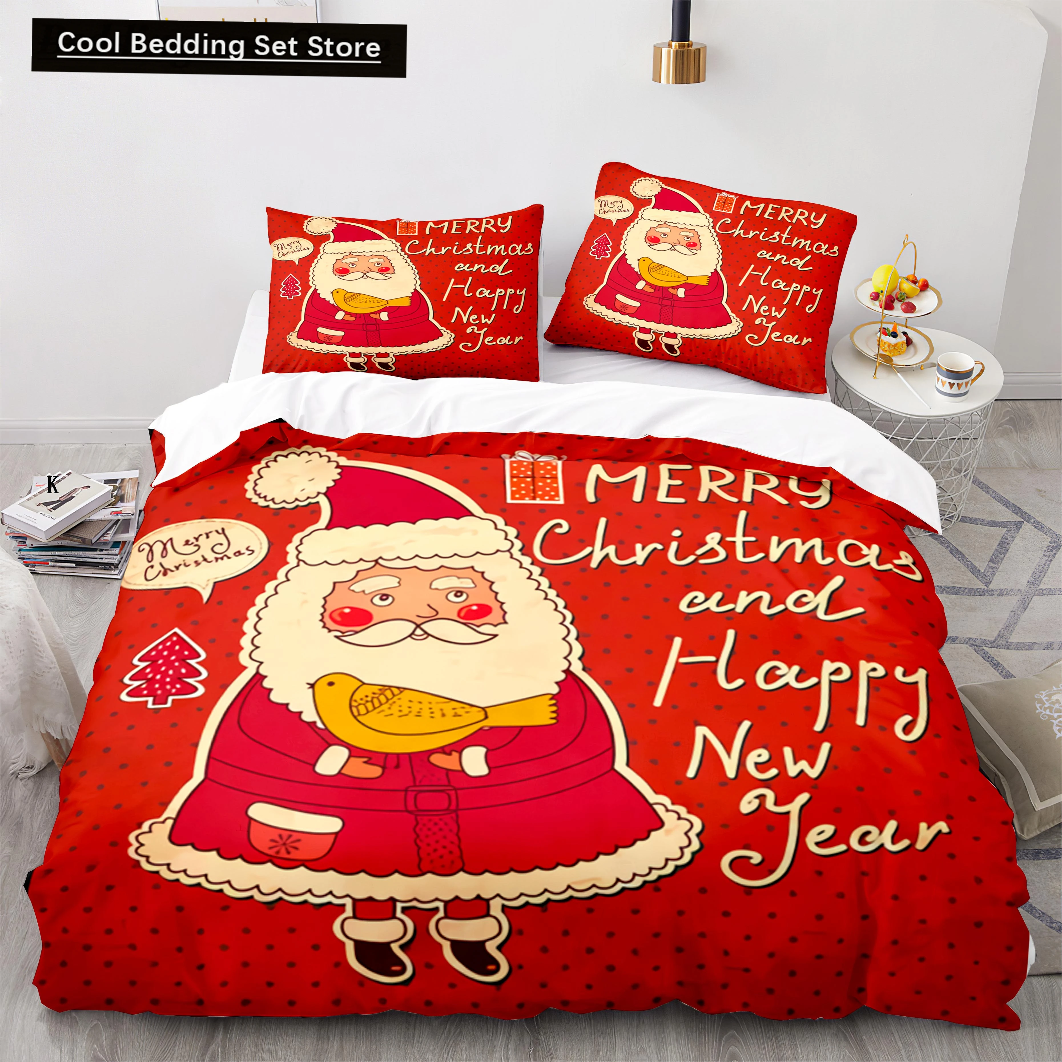 

Merry Christmas King Queen Duvet Cover Red Santa Claus Theme Bedding Set for Kids Teens Adults Happy New Year Soft Quilt Cover