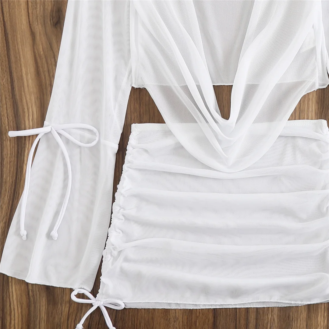 3-teiliges weißes Bikini-Set mit langen Ärmeln, Rock und Badeanzug für Damen, Badebekleidung, vierteiliges Bikini-Set, Badeanzug, Badebekleidung, Schwimmanzug V7015 – Detail 11