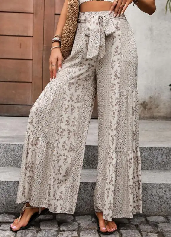 

2025 Summer New Casual Vacation Style Lace Up Geometric Floral Print Wide Leg Pants for Women