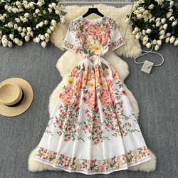 Summer Gorgeous Flower Holiday Long Dress Women Bohemian Yellow Flower Print O-Neck Short Sleeve Long Pleated Party Vestidos 643