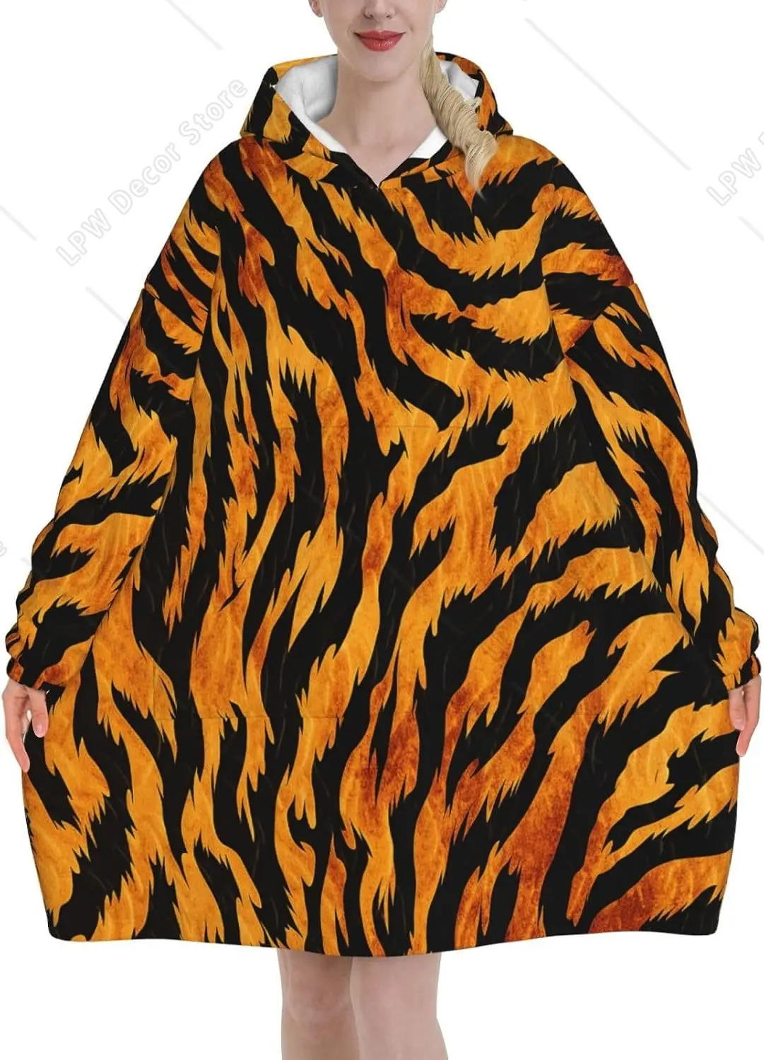 Vintage Tiger Print Wearable Blanket Hoodie Animal Print Oversized Sweatshirt Blanket Cozy Warm Sherpa Hooded Blanket