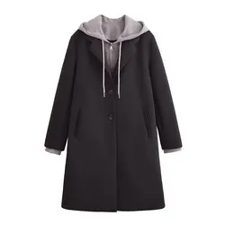 Tangada 2024 Winter Women Hood Patchwork Long Coat Long Sleeve Female Elegant Overcoat QN040