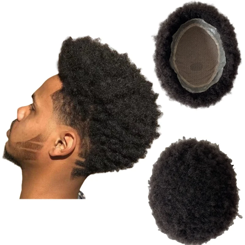 Hot Sale High Quality Hair Unit 100% Human Hair ready to ship 4mm root afro #1b black full silk toupee for men