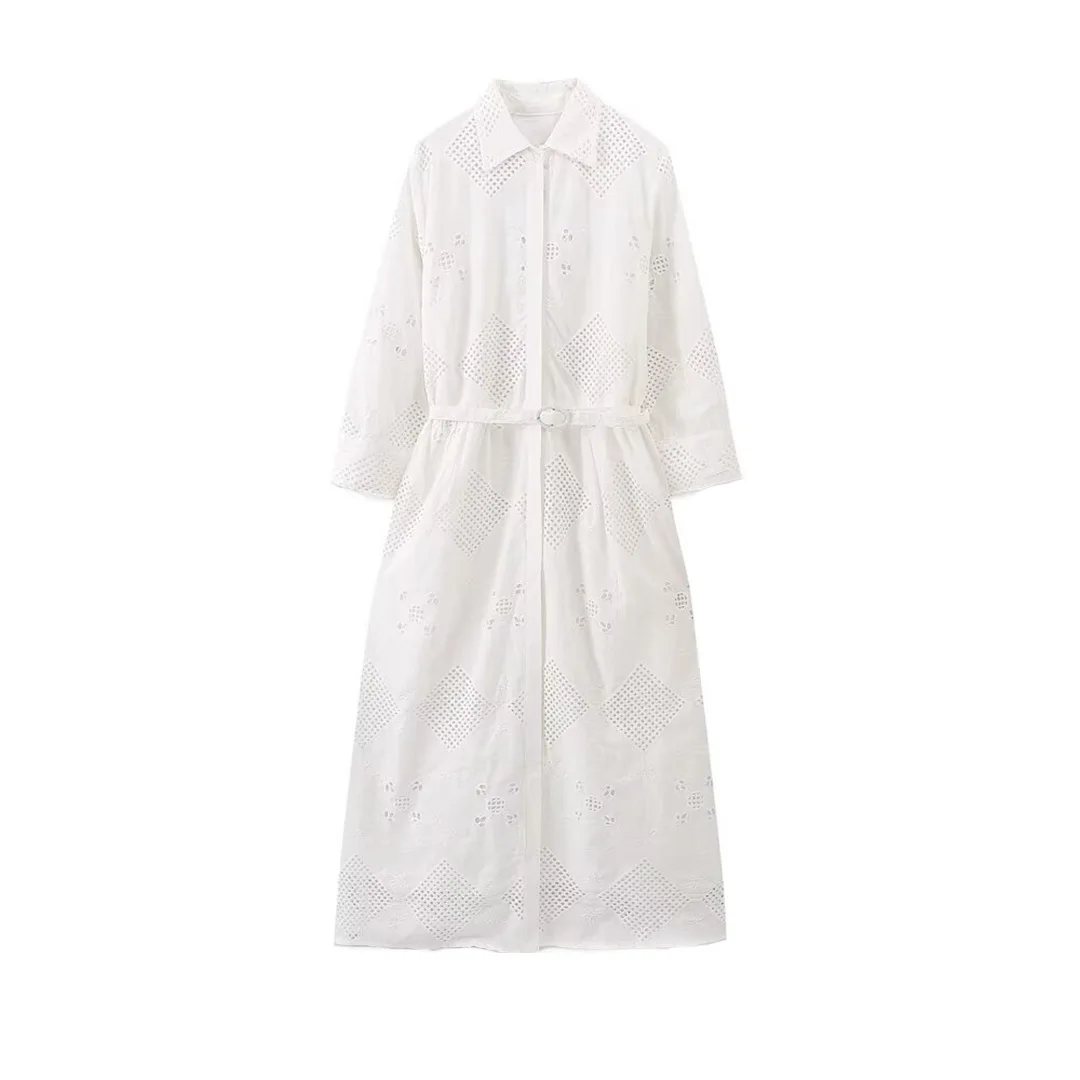 TRAF White Midi Dress manica lunga camicia ricamata abito Casual Beach Vacation Fashion Chic women\'s Dress 2024 nuovo stile