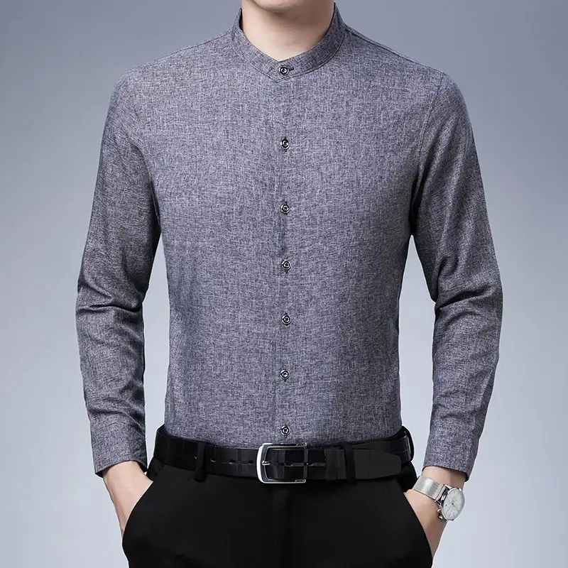 Autumn Winter New Long Sleeve Thin Chinese Stand Neck Shirt Men\'s Solid Button Business Casual Versatile Cotton Short Sleeve Top