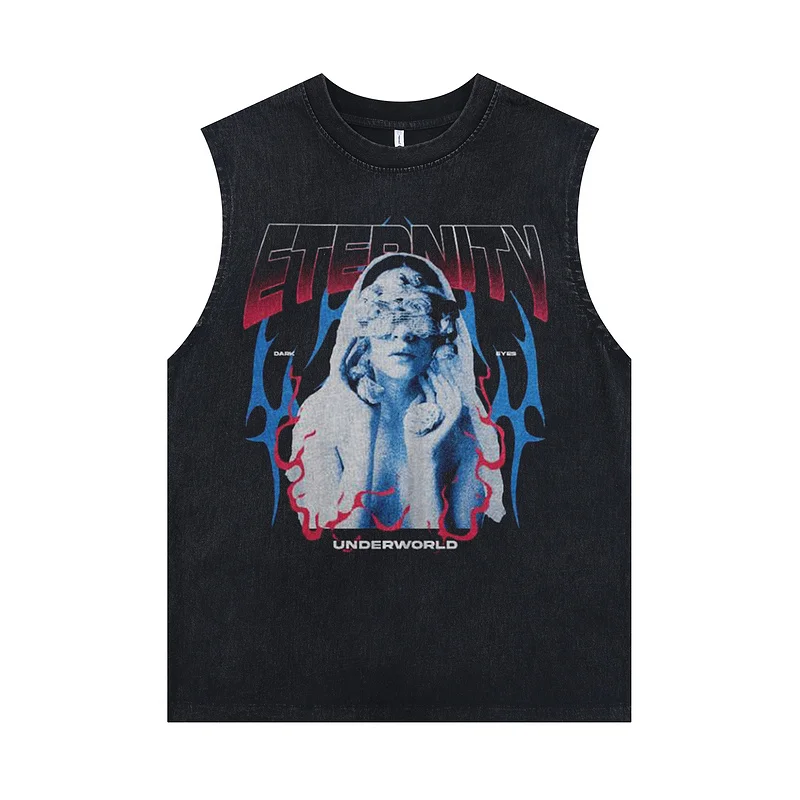 

Flame Devil Graphic Cotton Vest for Women Men Distressed Wash Sleeveless Oversize Grunge Goth Summer Tops Tees Shirts Streetwear