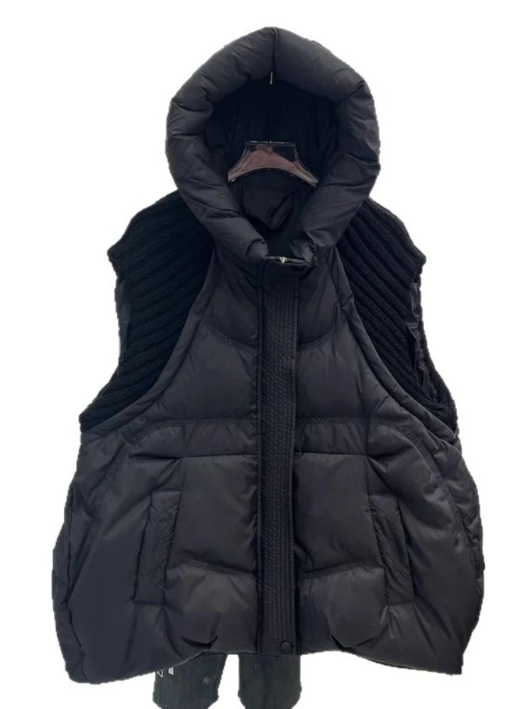 Winter Versatile Down Vest For Women Hooded Knitted Sleeveless Spliced Solid Color Coat Casual 2025 New Clothing Jacket