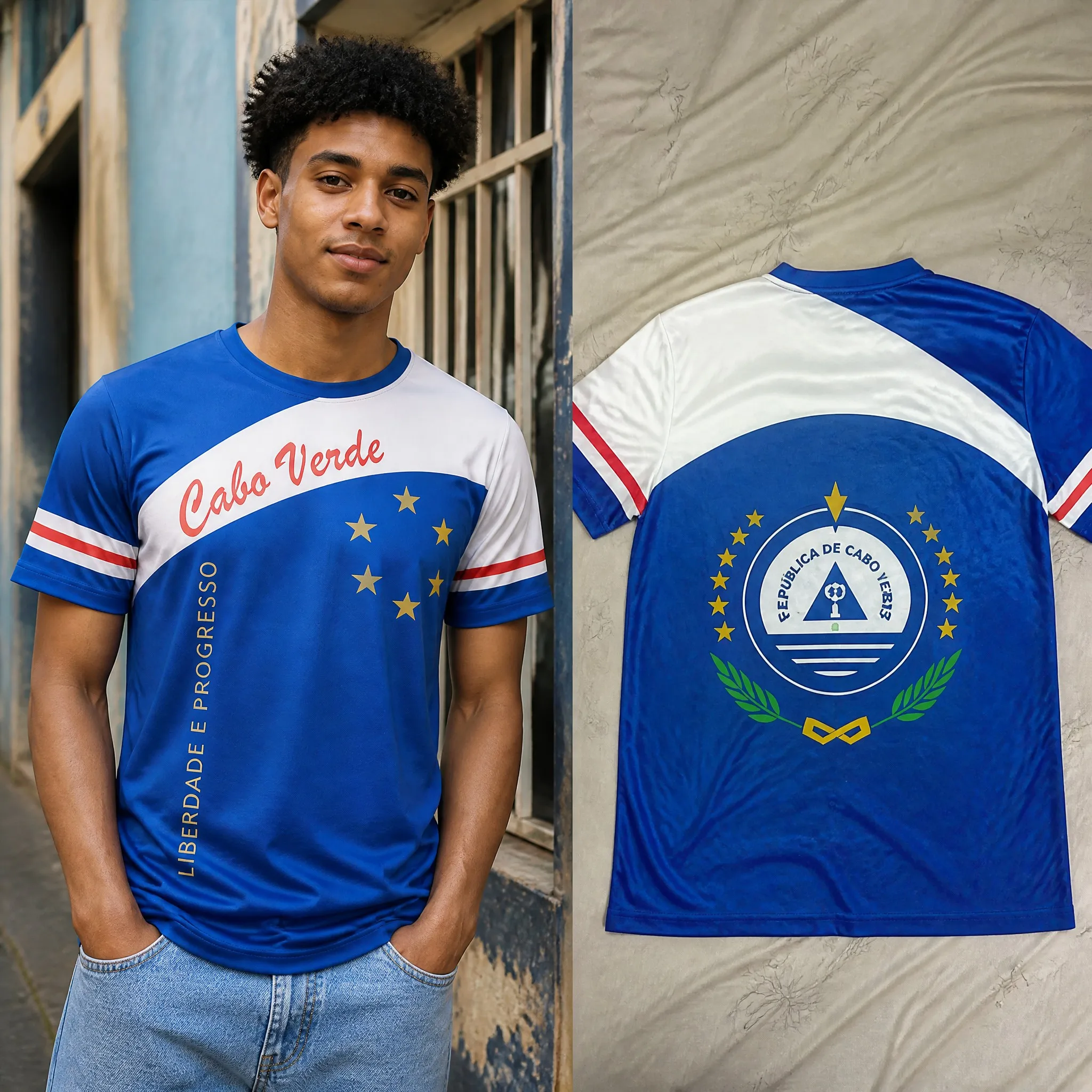 Mens Cabo Verde Crew Neck T Shirt Blue White Print Short Sleeve Casual Top Crest Style Graphic Front Back Streetwear Graphic Tee