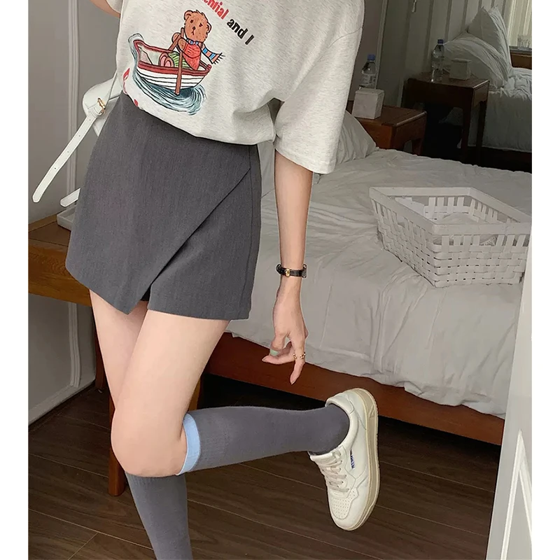 MEXZT Unregelmäßiger Minirock Damen Mode Streetwear Schwarze Anzug-Shorts Röcke Sommer Koreanischer Hochgeschnittener Asymmetrischer A-Linien-Rock