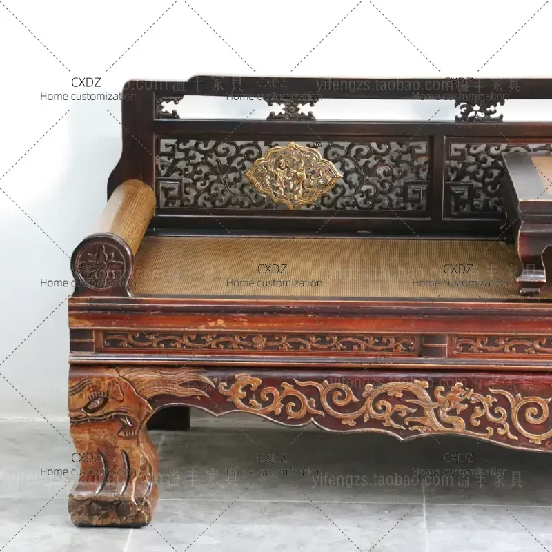New Chinese Retro Classic Old Elm Arhat Bed Solid Wood Carved Single Sofa Bed for Living Room Sleeping Furniture