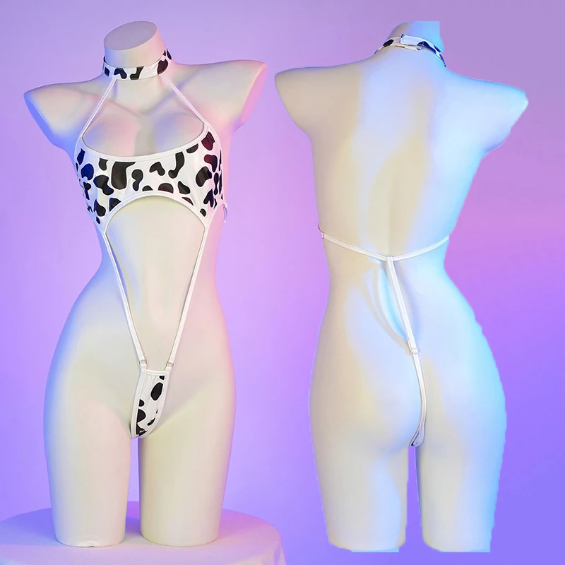 Women Sexy Bikinis Bandage Backless Kawaii Black White Cow Print Mini One Piece Lingerie Jumpsuit Anime Cosplay Swimsuit Costume