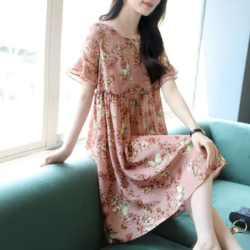 Blumen Rüschen Rand mittellange Chiffon Kleider für Frauen Sommer neue koreanische Version lose Rundhals ausschnitt Flare Ärmel A-Linie Kleid