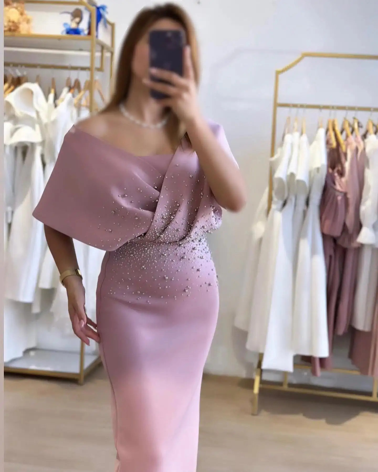 Off Shoulder Customized Formal Evening Dresses Pearls Short Sleeves  فساتين سهرة  Ankle Length Elegant Prom Growns Party Women