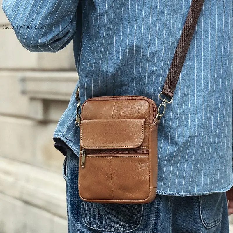Retro Pure Color Casual Business Genuine Leather Cowhide Single Shoulder Crossbody Phone Storage Bag for Men