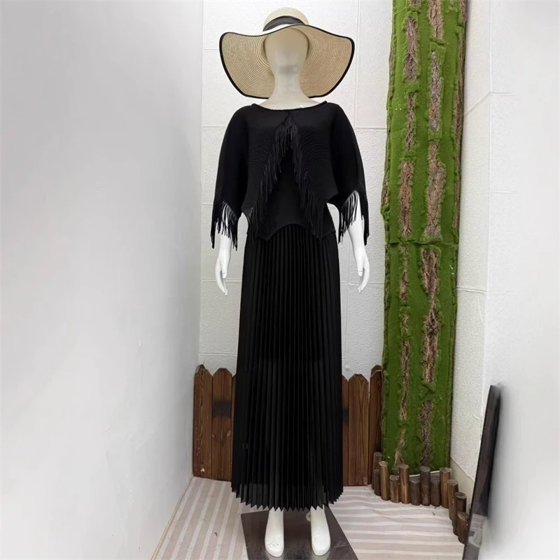 

Miyake однотонный топ с круглым вырезом нестандартной формы + юбка до половины тела с эластичной резинкой на талии, комплект из 2 предметов, 2024, летний модный повседневный женский костюм