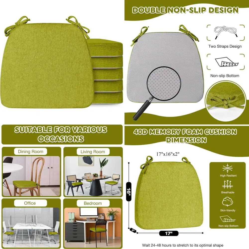 Confezione da 6 cuscini per sedie da pranzo verdi fluorescenti spessi 17x16 2 con fascette e fodere rimovibili