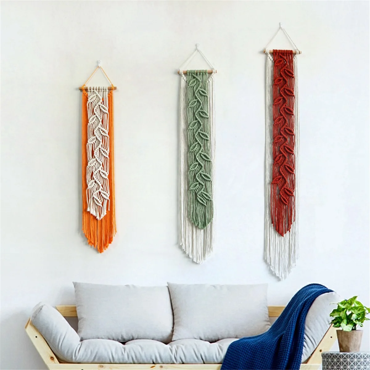 N38R_Nordic Leaf Woven Macrame Tapestry Hanging Boho Tassel Wall Hanging A