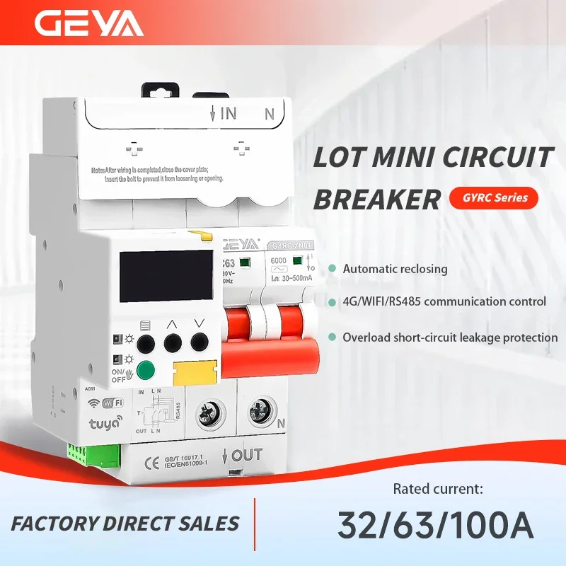 GEYA 2P/4P TUYA Smart RCBO Breaker – IoT WiFi Leakage Protection, Auto-Reclosing, Remote Control, LCD Display