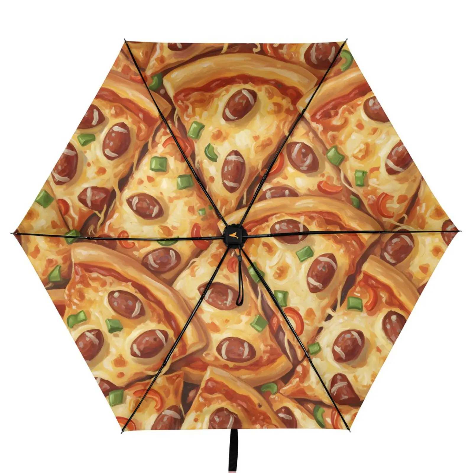 

Three Folding Umbrella Parasol Women Anti-UV Sun Protection Umbrella Outside Black Coating 6 Ribs Pizza print