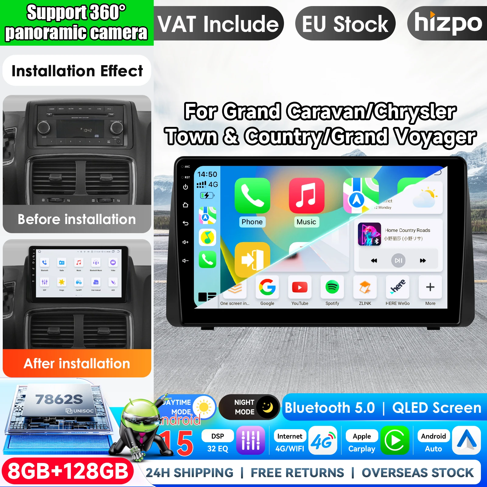 Android 15 Carplay Autoradio für Chrysler Grand Voyager 5, für Dodge Grand Caravan 2008 2011-2020, für Chrysler Town & Country 2011-2016, GPS Multimedia Stereo Haupteinheit, Intelligente