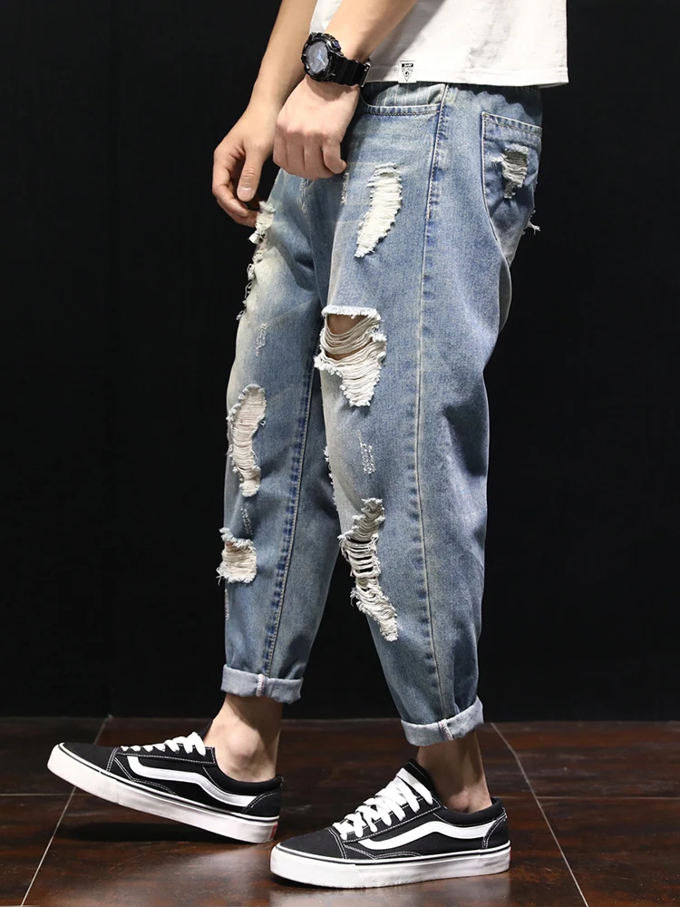 

Летние тонкие мужские свободные джинсы-девятки из рваного денима в корейском стиле, модные повседневные молодежные джинсы со средней посадкой