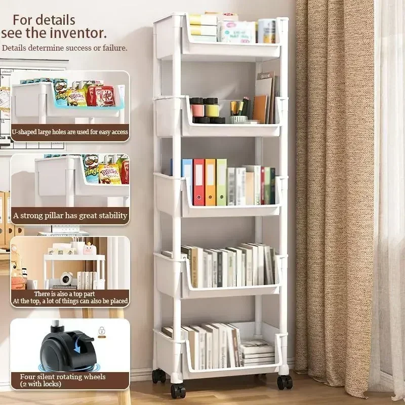 5-Tier Rolling Storage Cart with Wheels Plastic Mobile Utility Organizer Rack Freestanding Space Saving Shelving Unit for Kitchen Bathroom Bedroom Books Home Storage (35x26.5x125cm)
