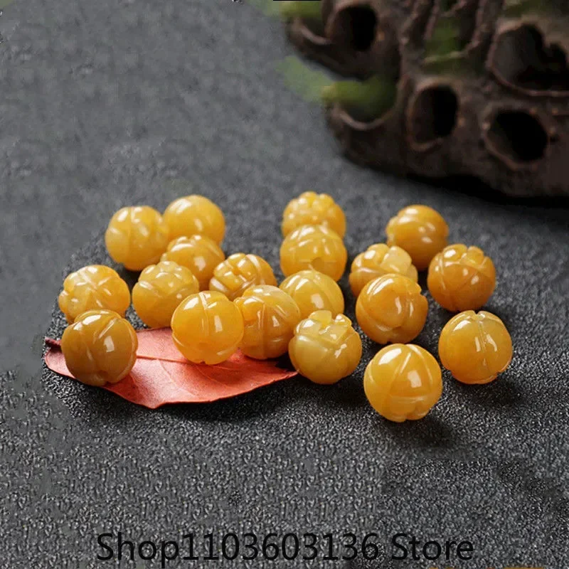 10PC Natural Yellow Jade Emerald Lotus Flower 8-13mm Bead Accessories DIY Bangle Charm Jewellery Fashion Hand-Carved Luck Amulet