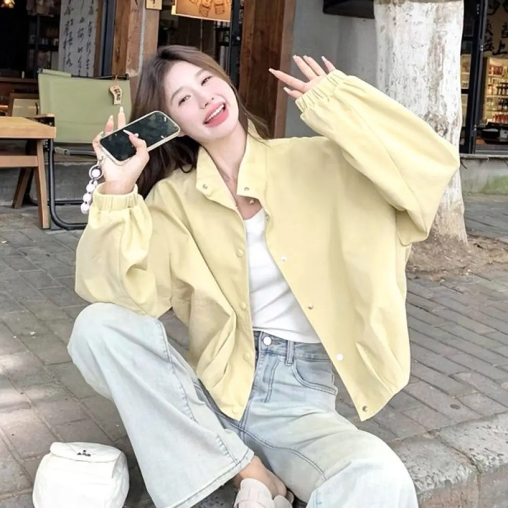 Ladies Casual Workwear Jacket Cream Yellow Stand Collar Korean Fashion Windbreaker Spring Autumn Loose Outwear Coat