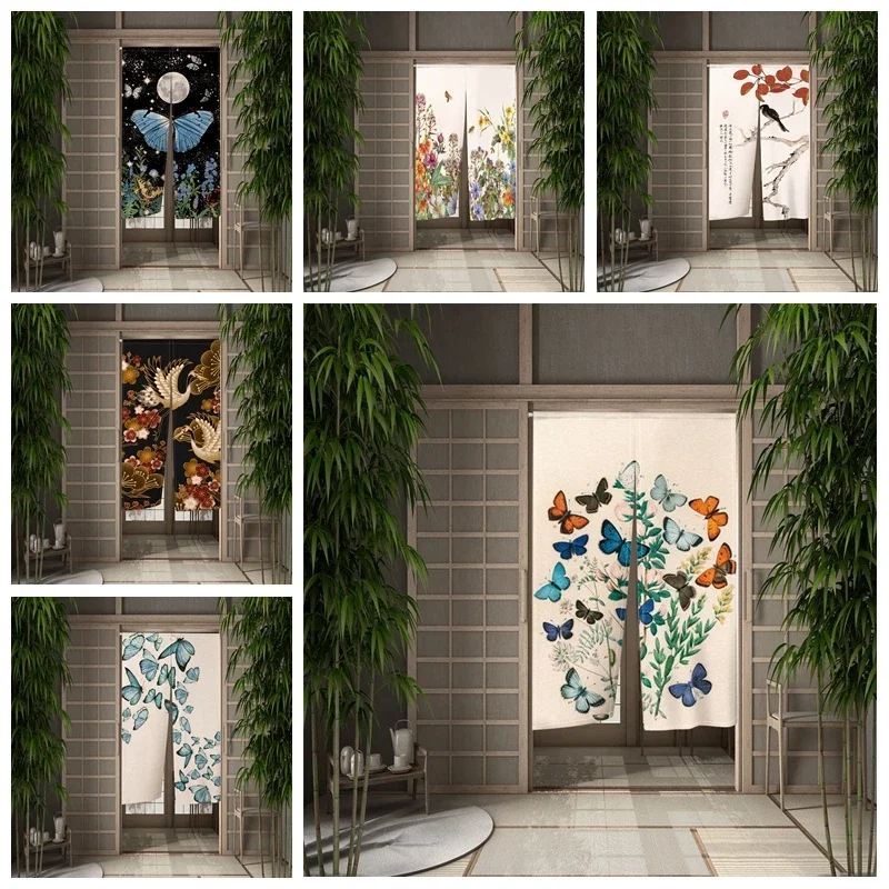 Japanese Door Curtain Butterfly Flower Bird Half Hanging Curtain Chinese Flower Partition Cafe Restaurant Kitchen Entrance Noren