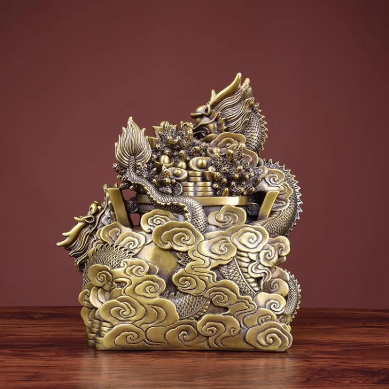 Copper Ornament, Double Dragons Presenting Treasures, Treasure Bowl, Gold Ingot , Money Dragon, Brass Living Room E