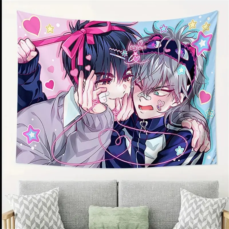 VIKAMA Pink Blue Sweet Cool Double Male Leader Han Man Anime Tapestry, Cute Wall Hanging for Girls Room Decor