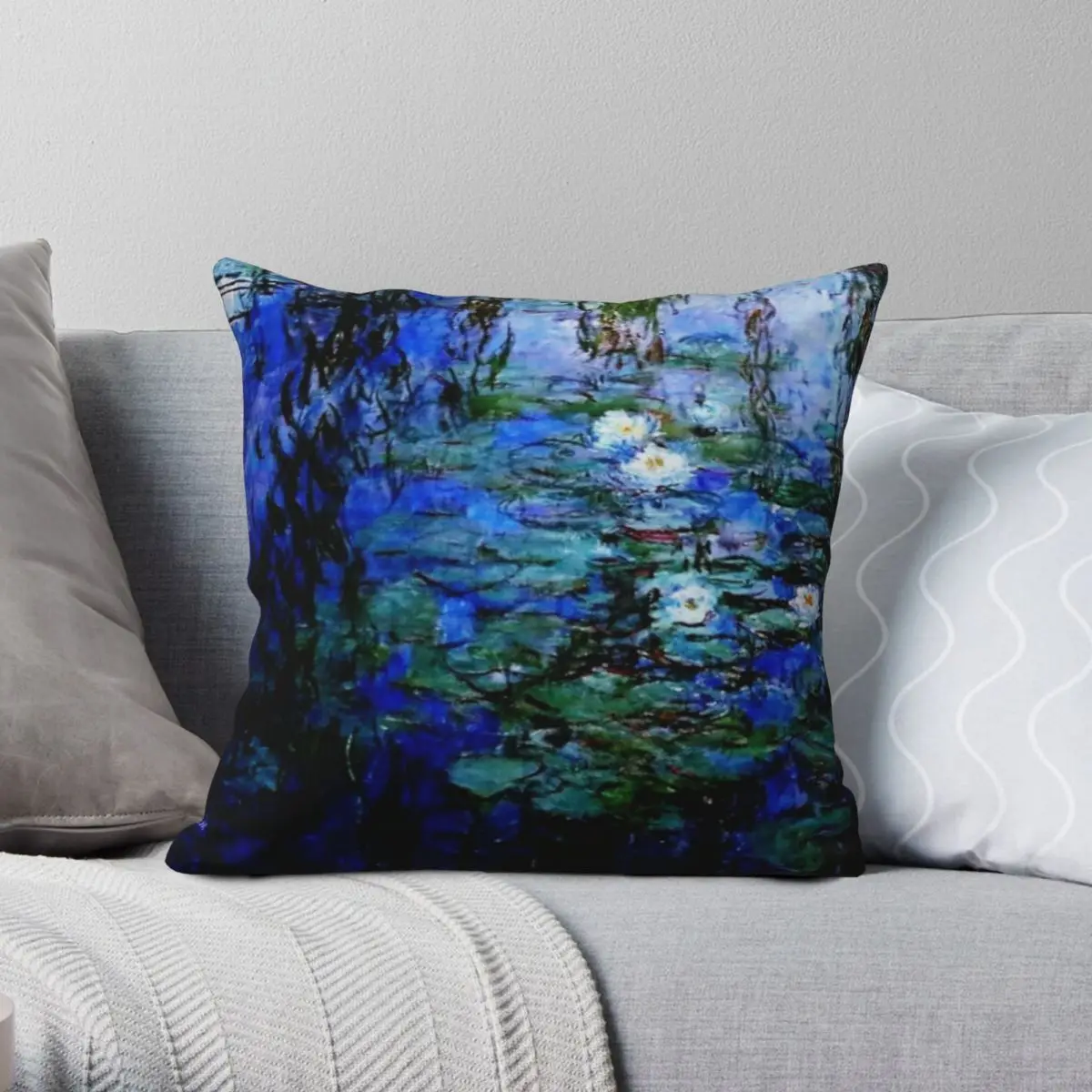 Claude Monet Blue White Water Lily Square Pillowcase Polyester Linen Velvet Pattern Zip Decor Home Cushion Case