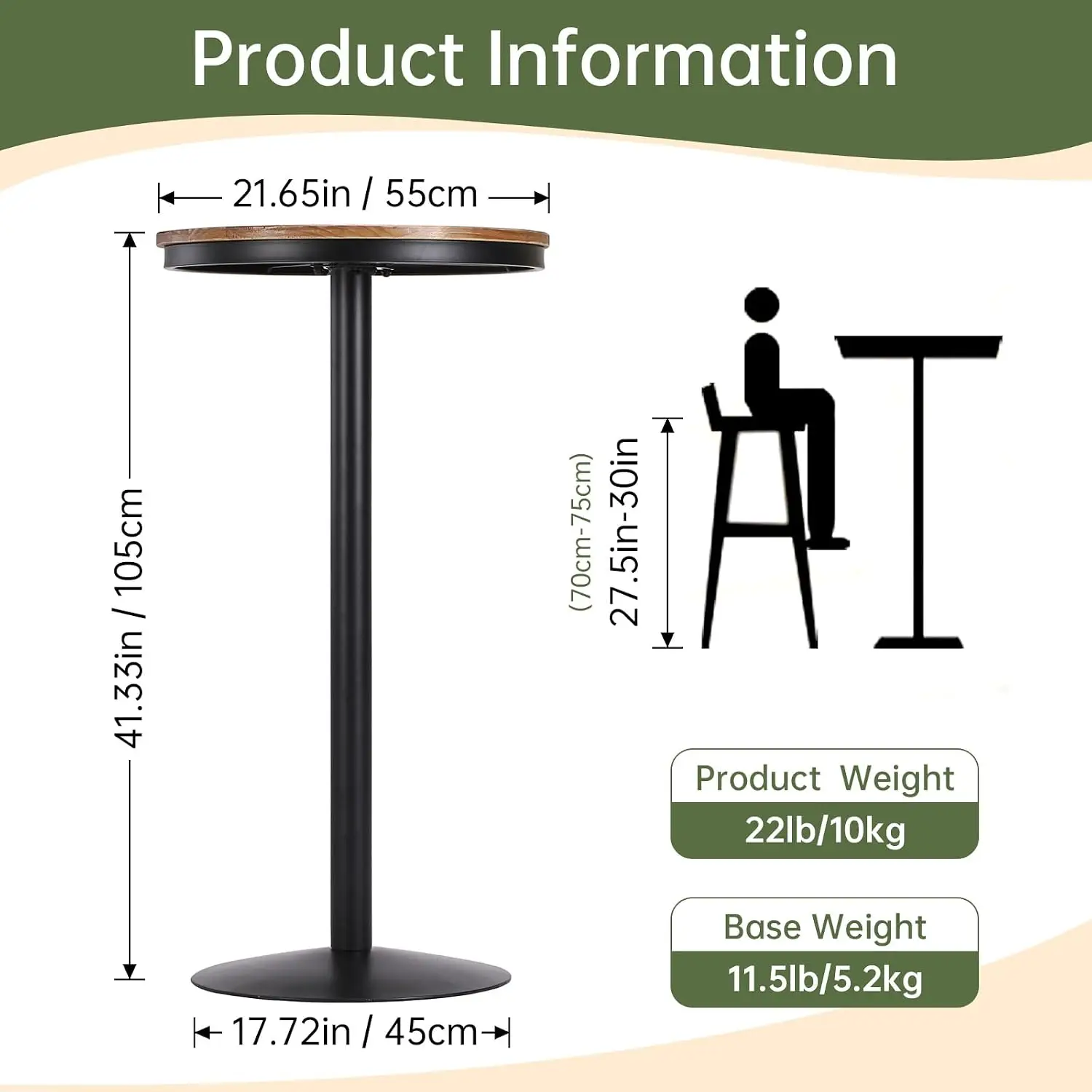 Round Bar Table, High Top Pub Dining Table, Kitchen Bistro Drink Station, Solid Wood Counter Height Desk With Sturdy Metal Pedestal Base, Rustic Industrial Style, Brown, 1 Piece