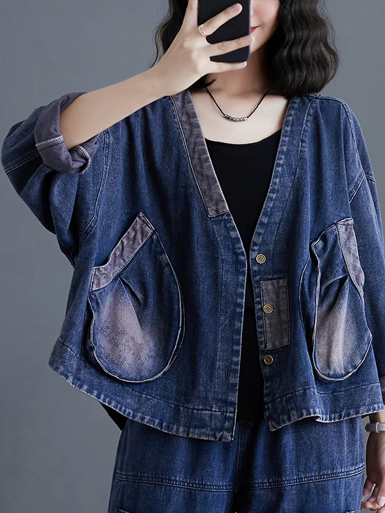 NYFS 2024 Spring Autumn New V-neck Woman Coat Loose Plus Size Casual Long Sleeve Denim Jacket