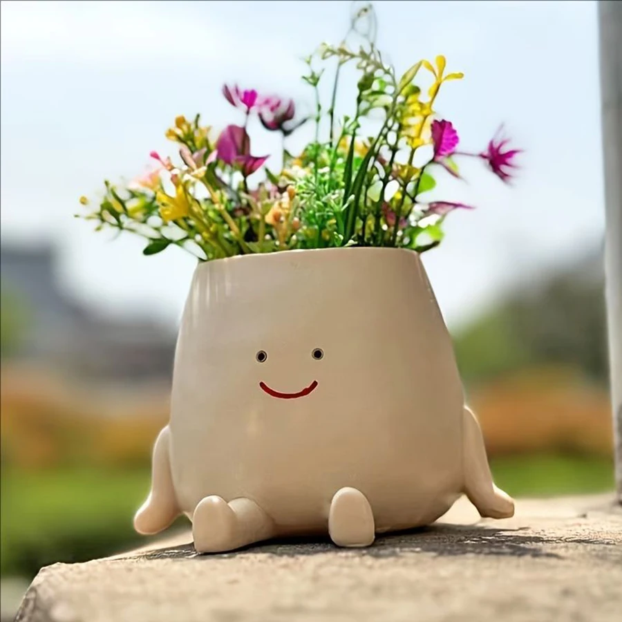 1pc Cute Round Face Sitting Posture Flower Pot Plant Succulent Flower Pot Home And Office Desktop Decoration Flowerpot