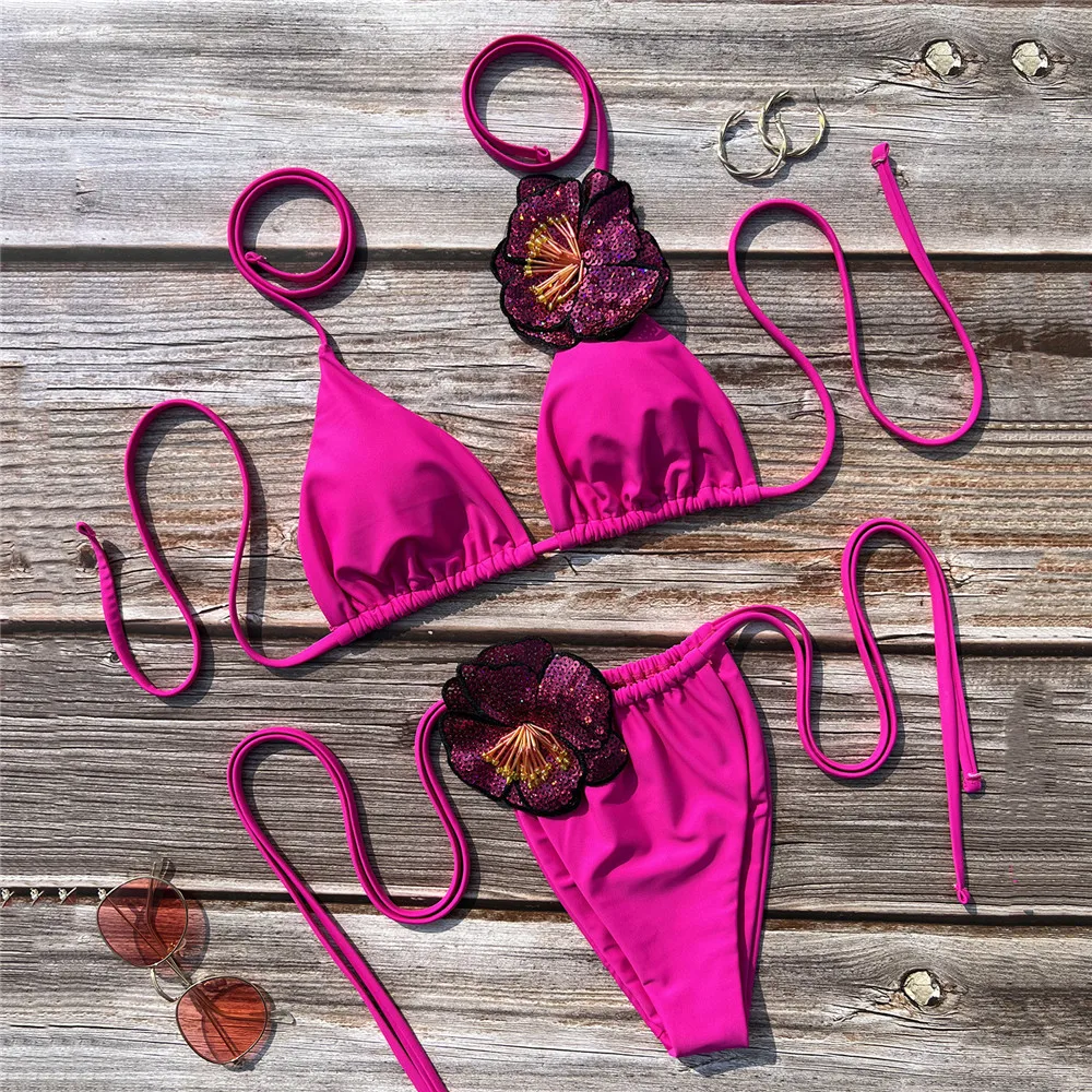 

Shiny 3D Flower String Halter Micro Bikini Thong Sexy Swimsuit Women 2026 Triangle Swimwear Beachwear Bikinis Sets Bathing Suit