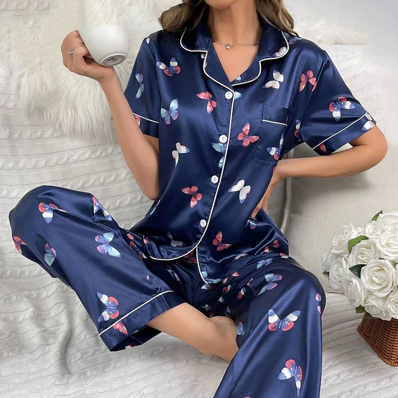 Women\'s Satin Butterfly Print Relaxed Fit Pajama Set Soft and Comfortable Short Sleeve Lapel Top and Pants Sleepwear Loungewear