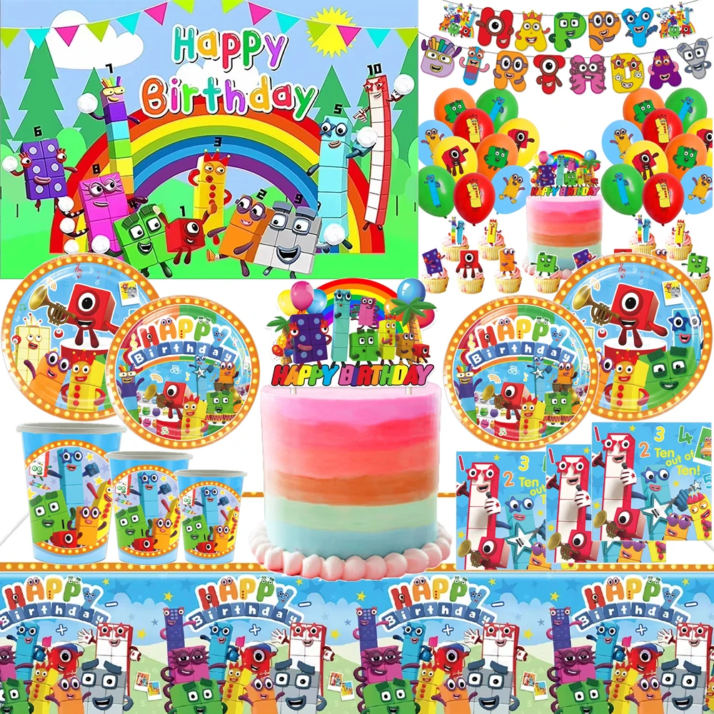 

Cartoon Number Building Blocks Theme Birthday Party Decoration Disposable Tableware Balloon Banner Cake Topper Baby Shower Prop