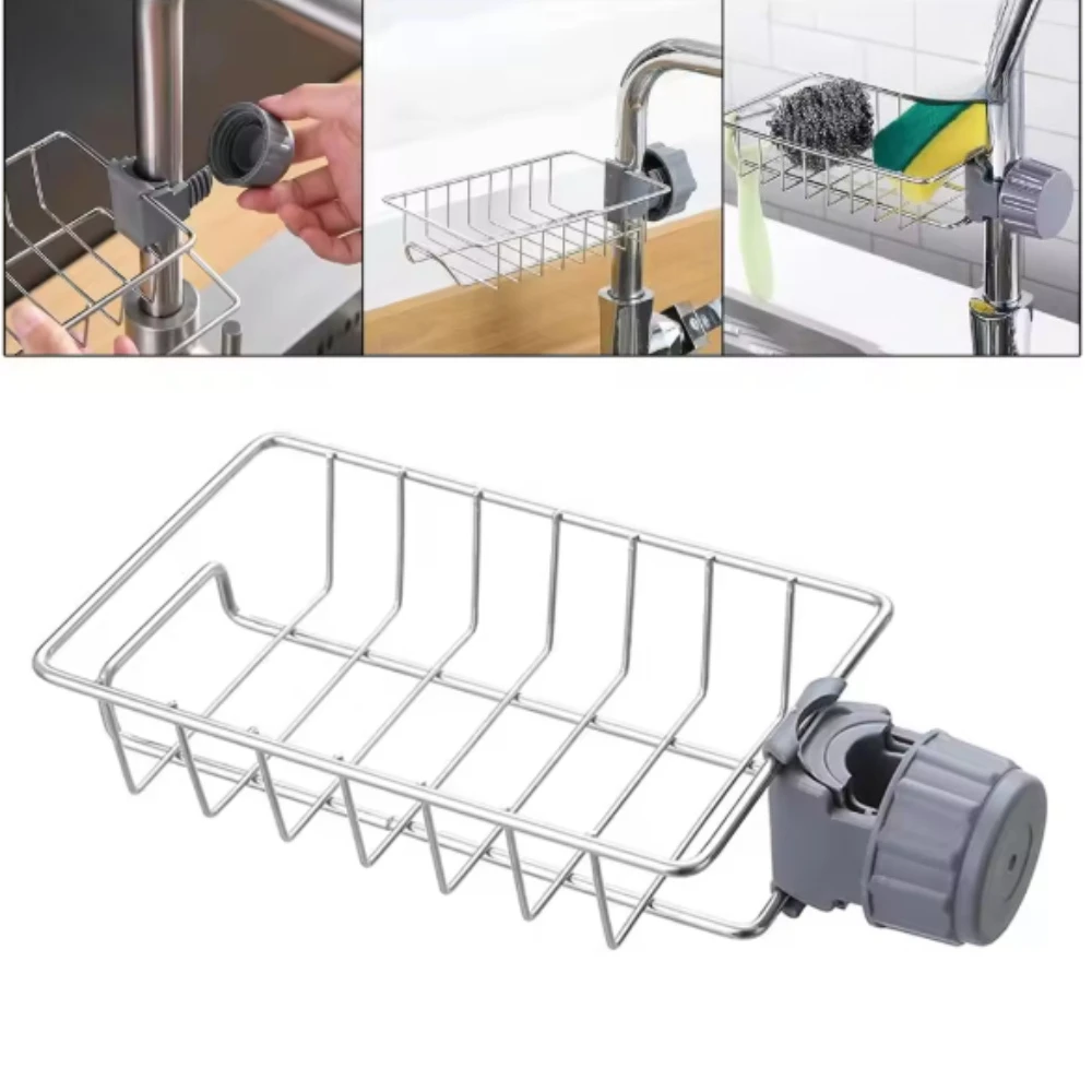 Adjustable Rotatable Hanging Faucet Rack, Height Flexible Kitchen Sink Drain Storage Holder for Sponge Soap Brush