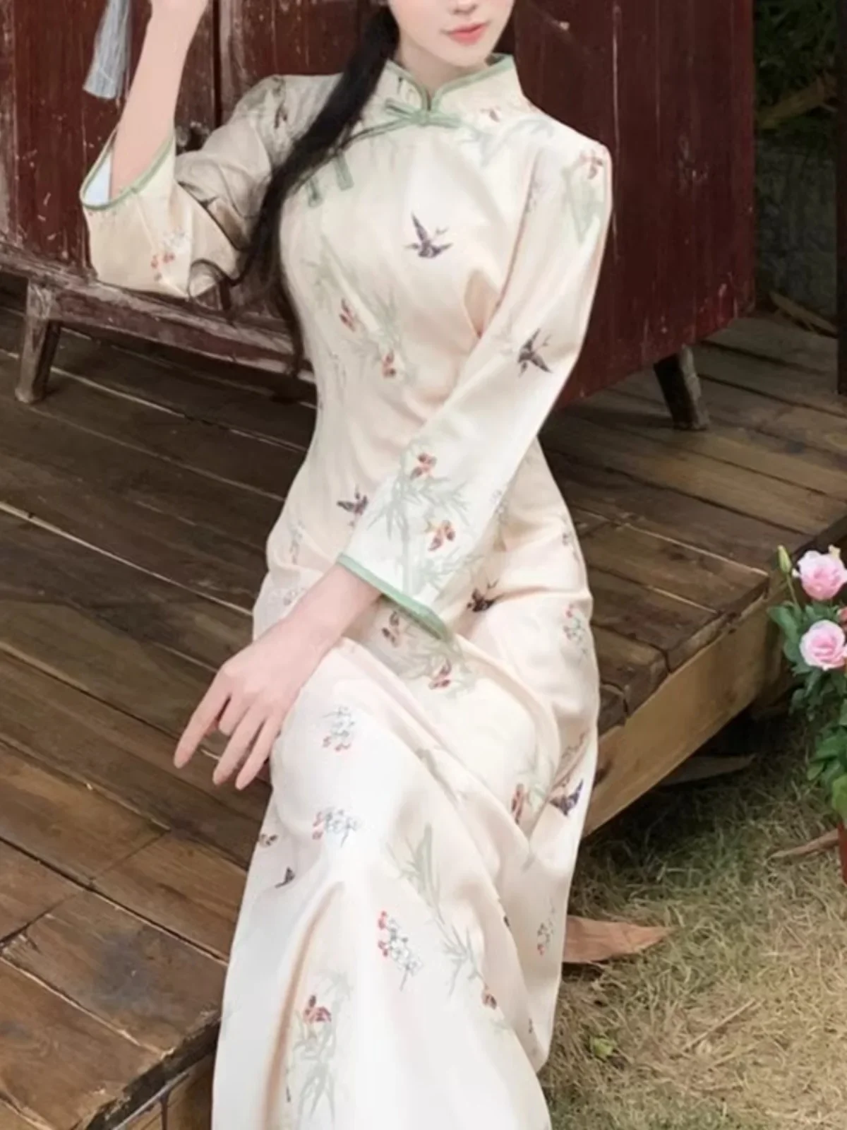 Vestido chinês Cheongsam com Hanfu, saia elegante de linha A, novo, tamanho máximo 4XL, outono