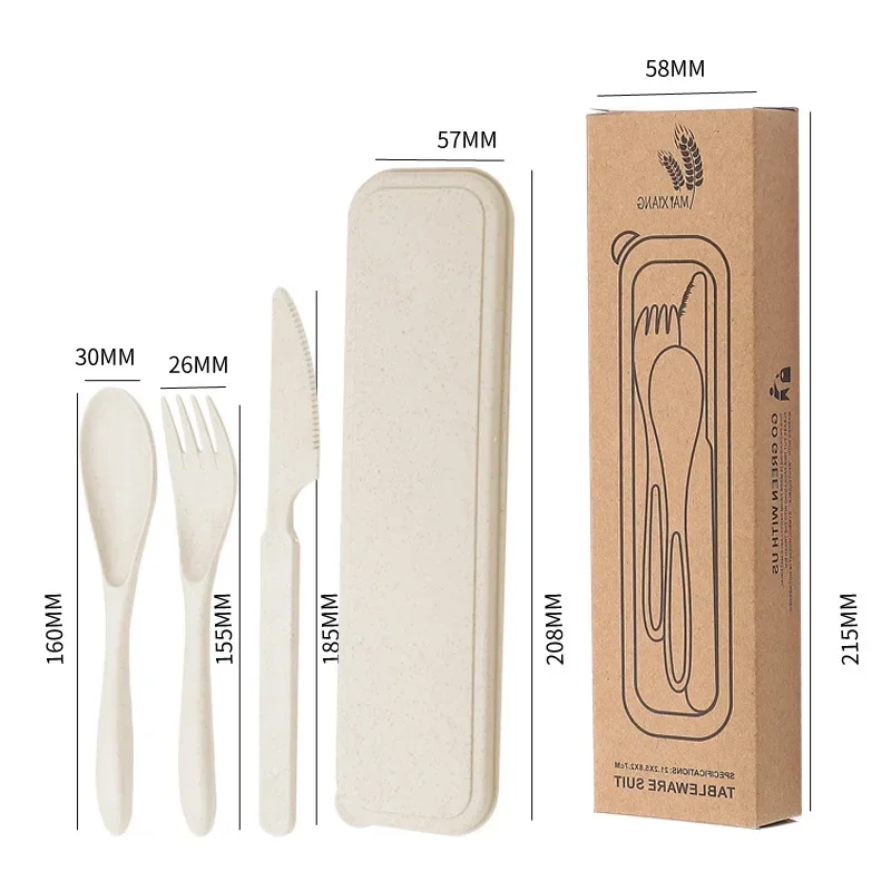 Wheat Straw Cutlery Set with Box, Spoon, Fork, Knife, Portable, Travel, Lunch,    3Pcs