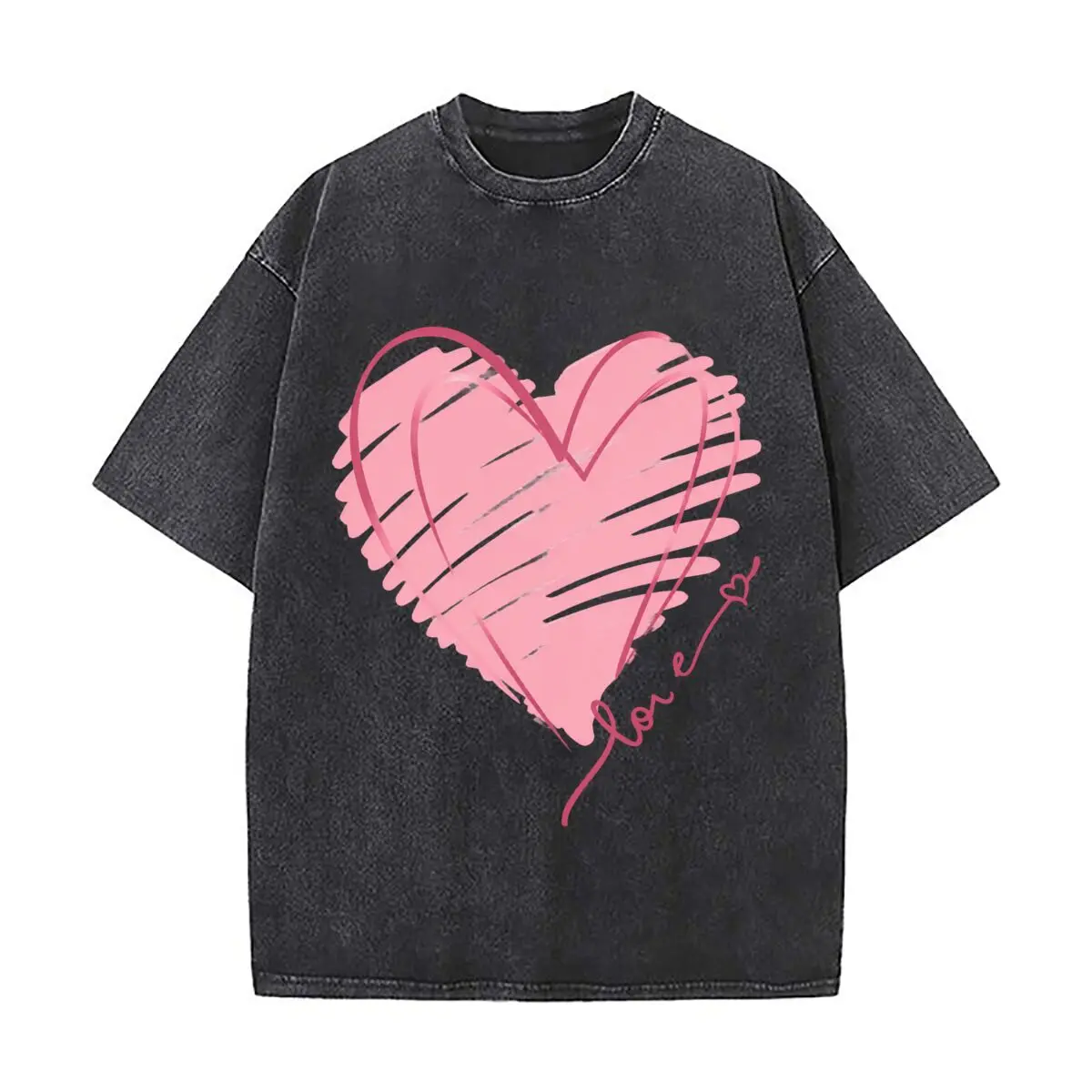 Love Pink Scribble Heart Romantic Hand Drawn Design Vintage Distressed Loose Streetwear Tops