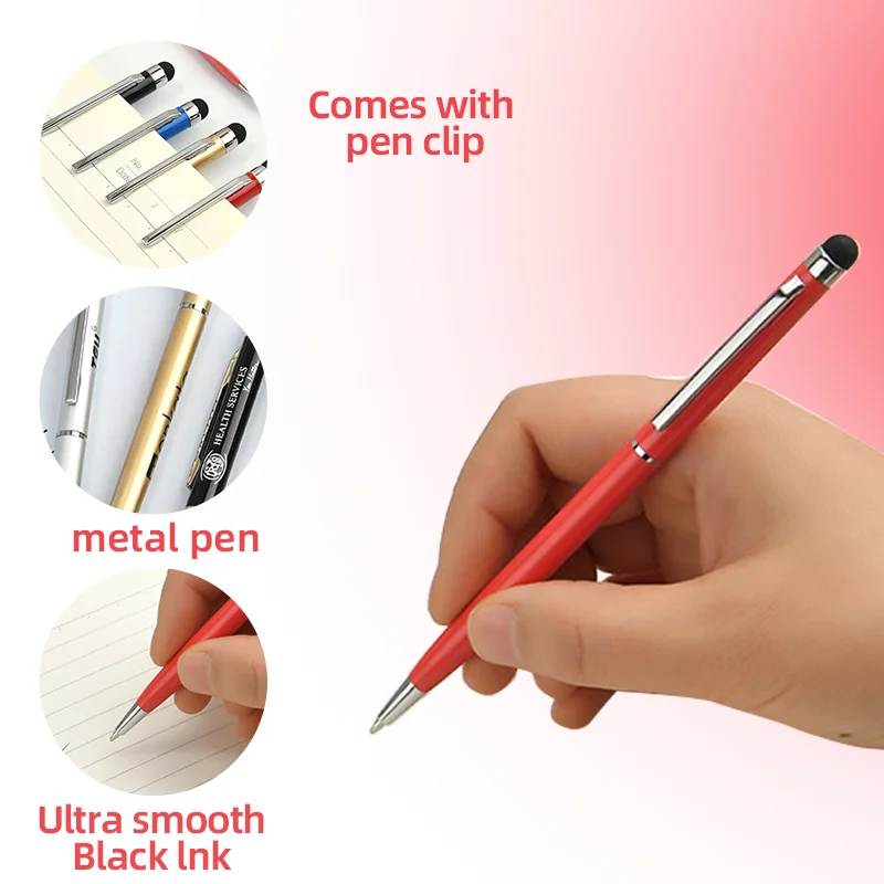 1 قطعة هدية الأعمال الإعلان القلم الملونة شعار الطباعة الكرة القلم المعدني 2 في 1 شاشة تعمل باللمس قلم حبر جاف