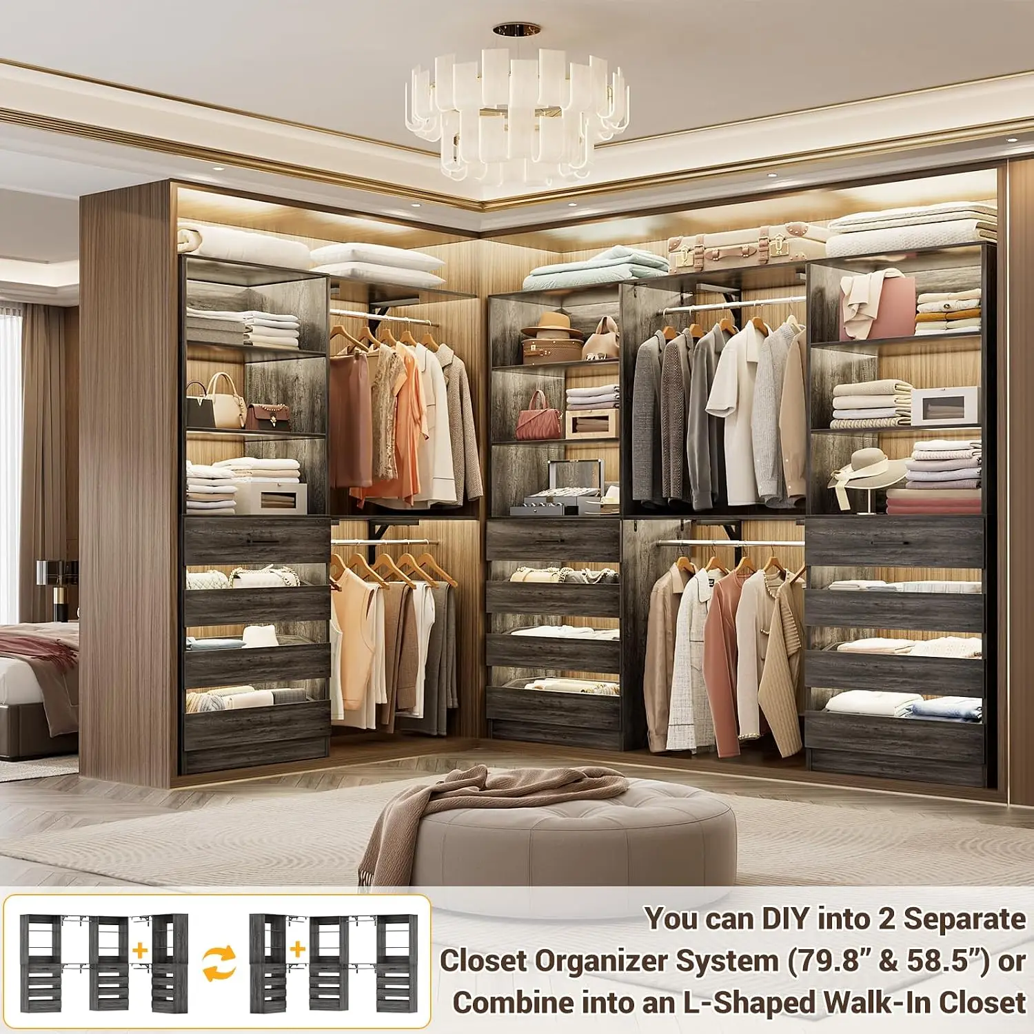 Closet Organizer System with 12 Drawers & 4 Hanging Rods, 138.5