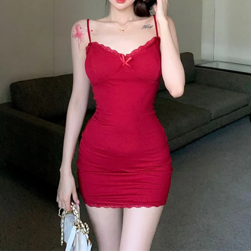Sexy Spitze Spleißen Ärmelloses Mini Kleid Frauen Dünne Schlinge Rot Sommerkleid Kurze Club Sommer Schwarz Bodycon Kleider Party Mädchen – Detail 7