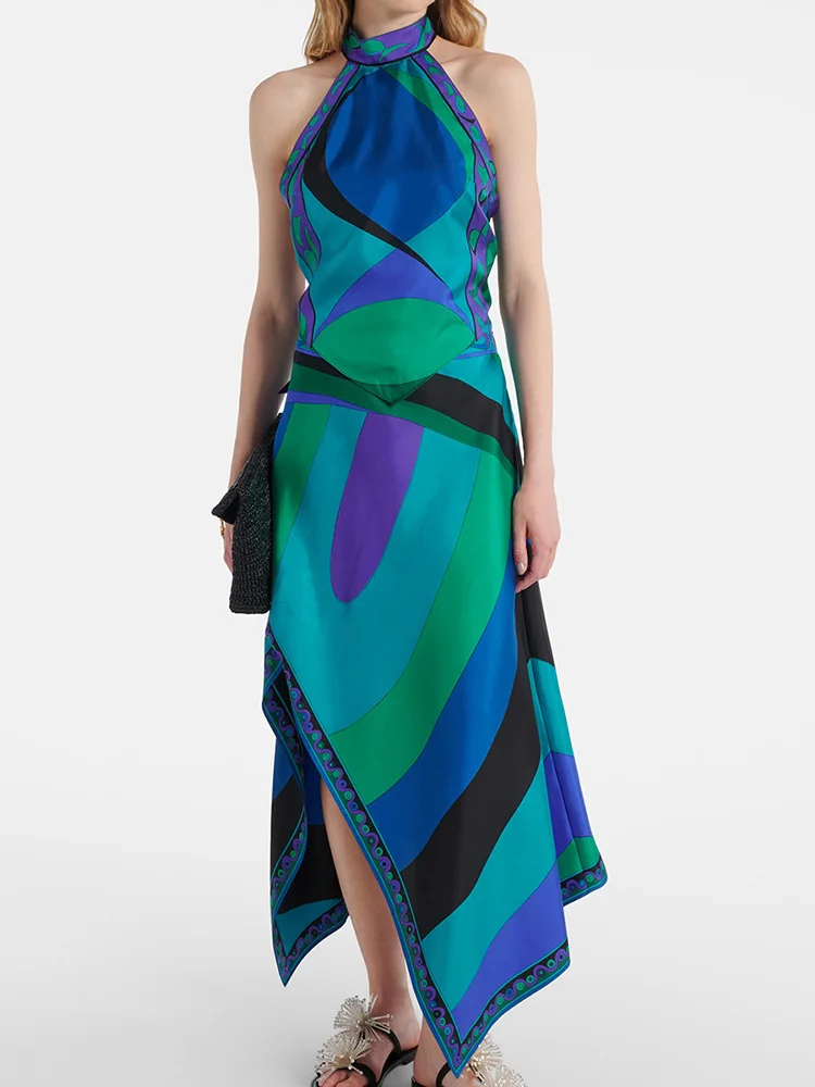 

Новые простые комплекты из двух предметов на шнуровке с лямкой на шее, женские летние макси-юбки, шикарный наряд, модные женские костюмы с открытой спиной и принтом в стиле пэчворк