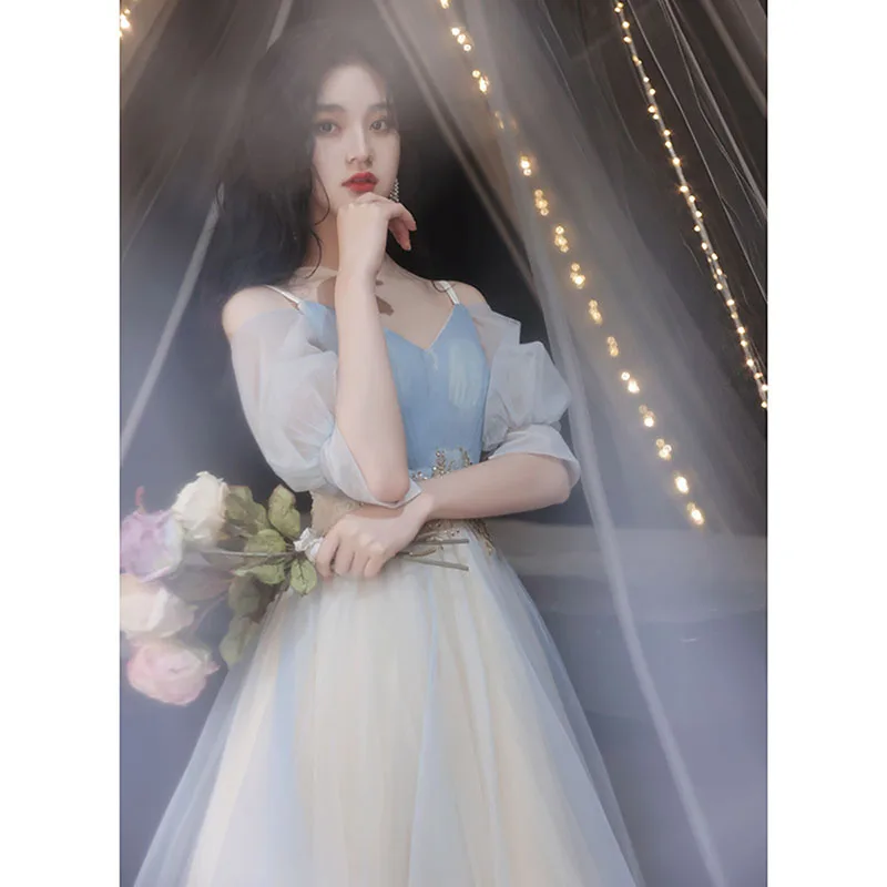 

Sweet Evening Dress Tulle Applique Temperament V-Neck Puff Sleeve Bridesmaid Dresses Elegance Gentle Tea-Length Banquet Gown New