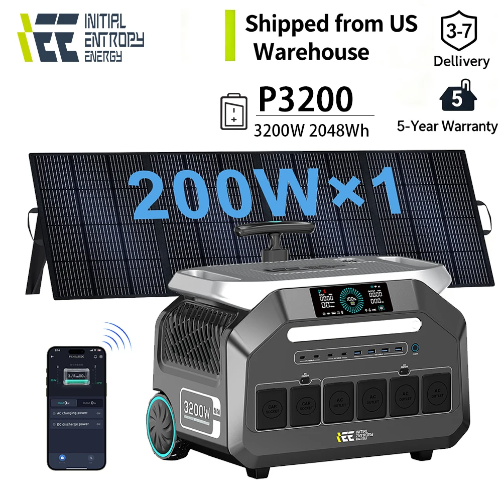 

IEE P3200 Portable Power Station 3200W (6400W peak) Outdoor Power Supply US 110V PLUG With 200W 18V Solar Panels Emergency House