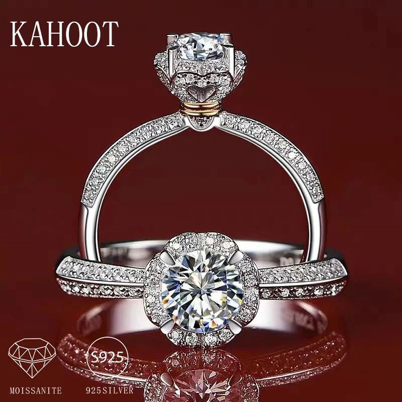 925 Sterling Silver 1 Carat Moissanite Two Tone Flower Ring Temperament Fashion Lady Gorgeous Man Proposal Engagement Marriage