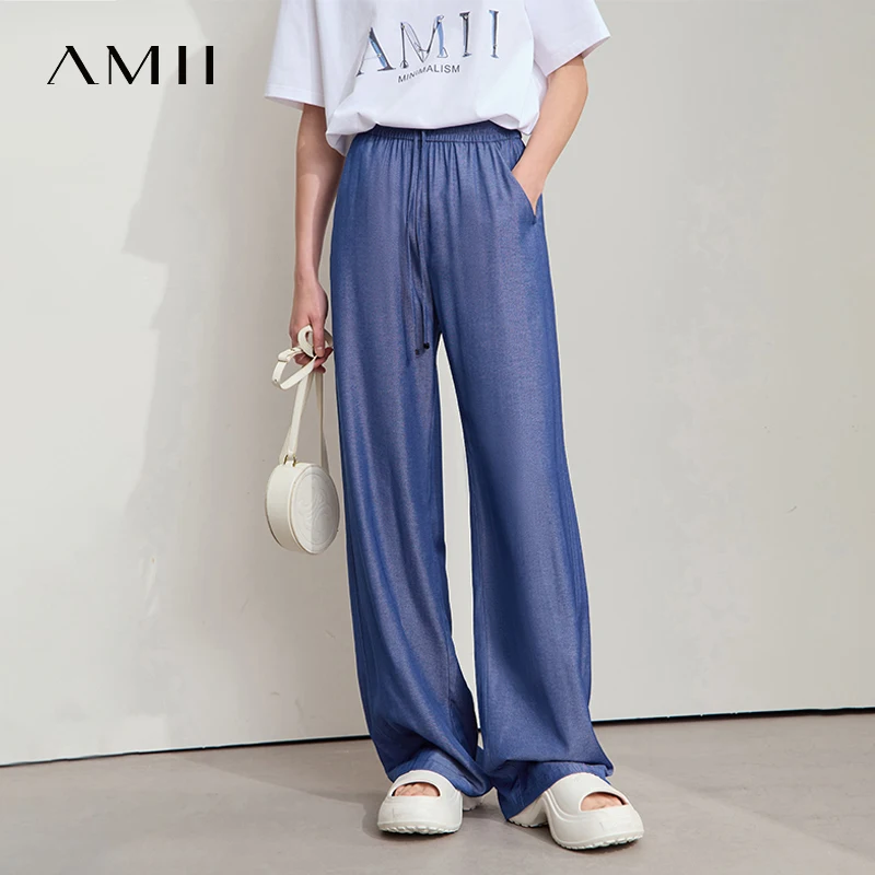 

AMII Casual Summer Pants Women 2025 New Solid Drawstring Elastic Waist Loose Straight Long Ptrousers Female Office Lady 12542224